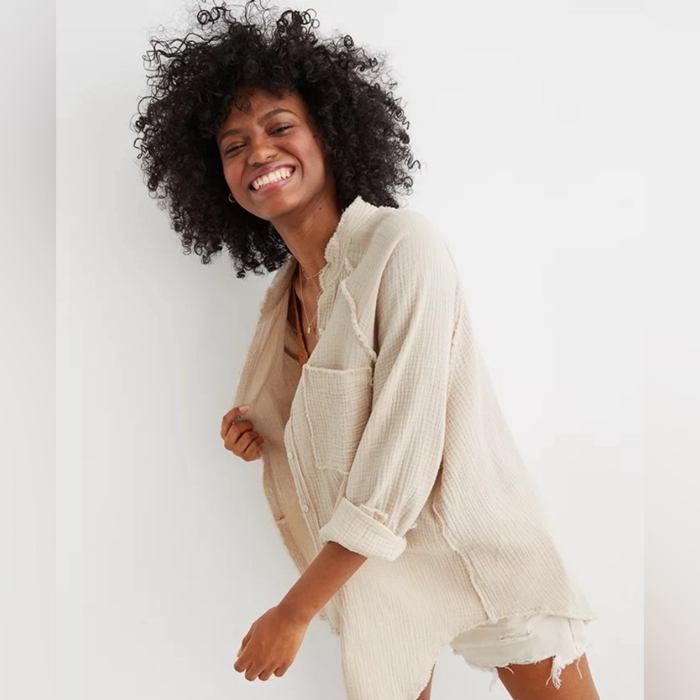 Aerie Pool To Party Cover Up Tan Oat Size Small Button Tunic Oversized Fray Hem - Picture 9 of 11